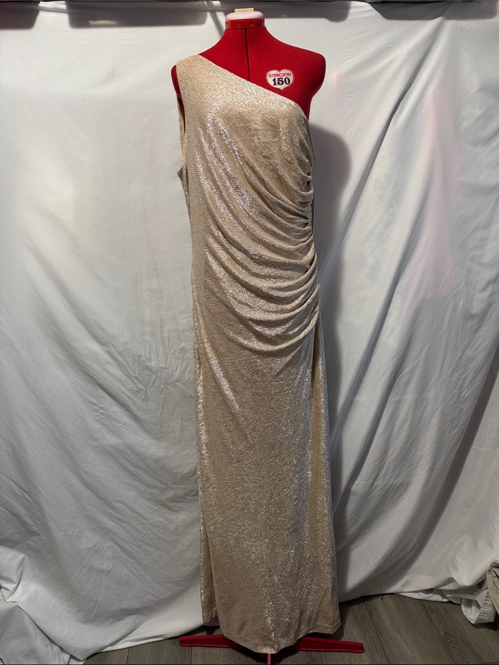 Calvin Klein One-Shoulder Shimmering Champagne Gown